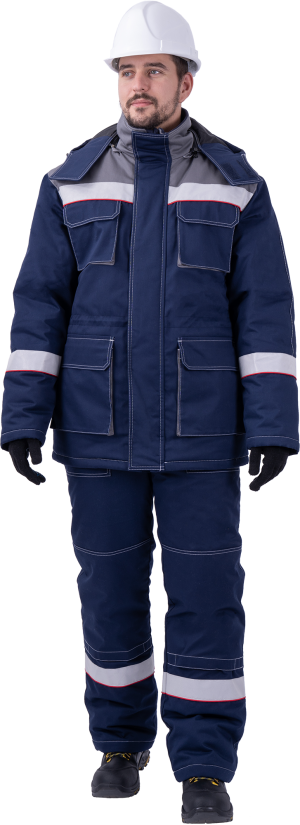 Костюм мужской НАДЫМ от пониженных температур воздуха и ветра, механических воздействий и ОПЗ (куртка, полукомбинезон), темно-синий/серый