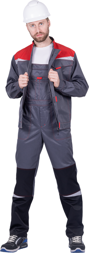 Костюм мужской КМ-10 ЛЮКС от механических воздействий и ОПЗ (куртка, полукомбинезон), серый/красный/черный