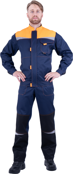 Костюм мужской КМ-10 ЛЮКС от механических воздействий и ОПЗ (куртка, полукомбинезон), темно-синий/оранжевый