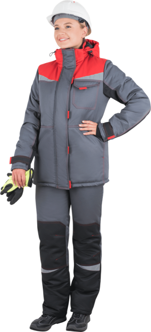 Костюм женский КМ-10 ЛЮКС  от пониженных температур воздуха, механических воздействий и ОПЗ (куртка, брюки), серый/красный/черный