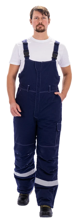 Костюм мужской МЕГАСТАТОЙЛ зимний от нефтепродуктов, кратковременного воздействия пламени, статического электричества, темно-синий/серый/оранж Кос 700