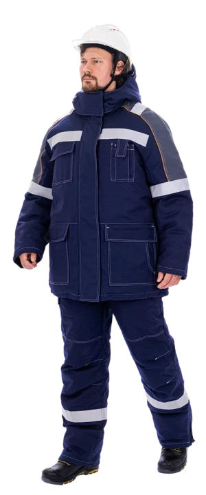 Костюм мужской МЕГАСТАТОЙЛ зимний от нефтепродуктов, кратковременного воздействия пламени, статического электричества, темно-синий/серый/оранж Кос 700