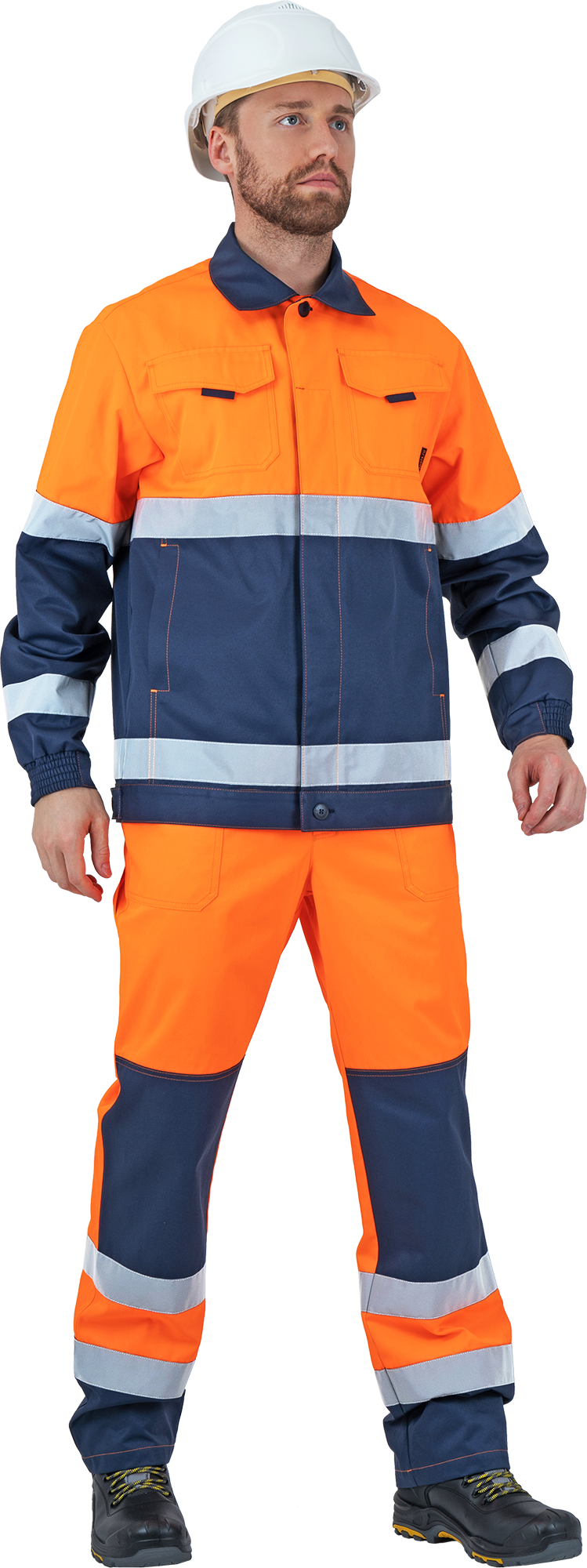 Костюм мужской БРАЙТ сигнальный, от механических воздействий и ОПЗ (куртка, полукомбинезон), флуоресцентный оранжевый/синий Кос 750