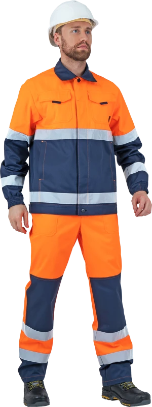 Костюм мужской БРАЙТ сигнальный, от механических воздействий и ОПЗ (куртка, полукомбинезон), флуоресцентный оранжевый/синий