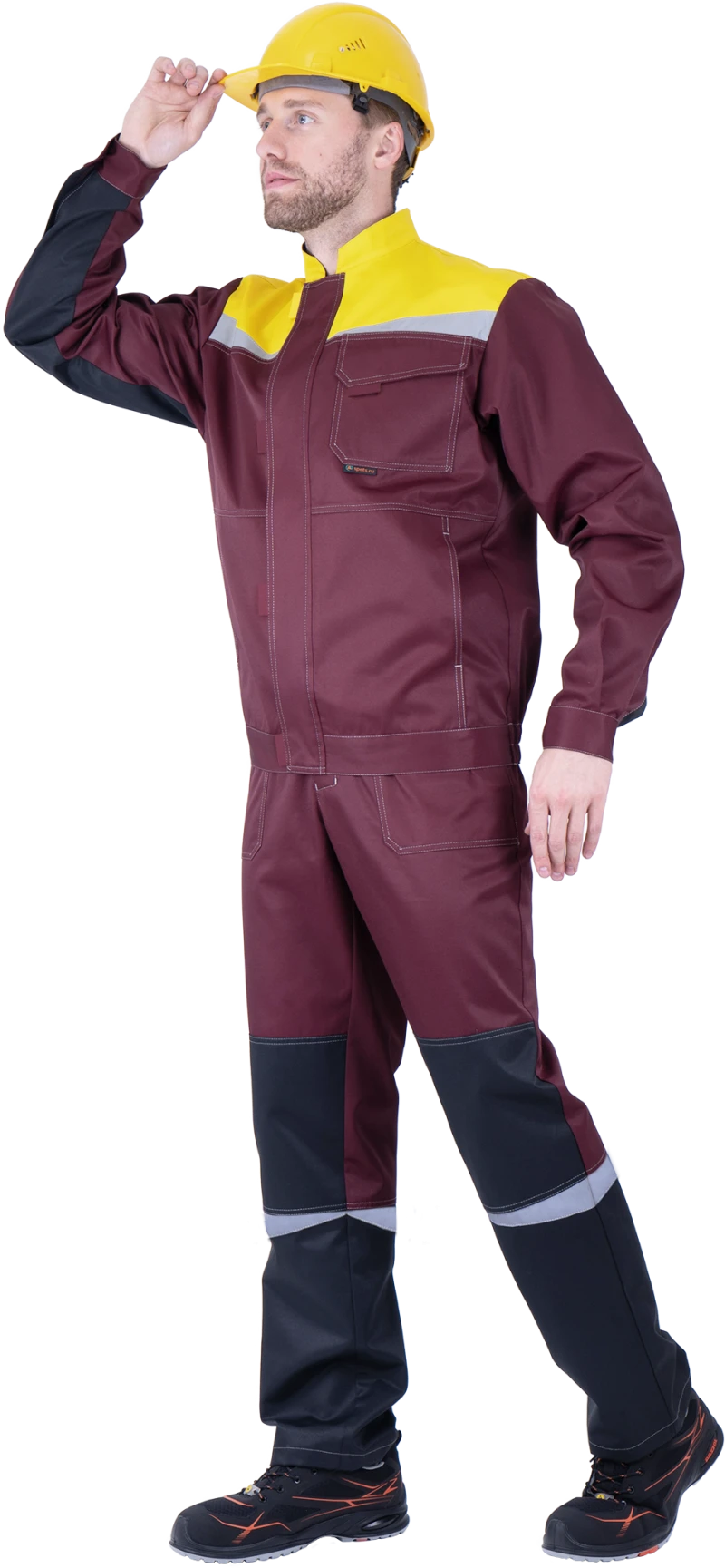 Костюм мужской КМ-10 ЛЮКС от механических воздействий и ОПЗ (куртка, полукомбинезон), бордовый/жёлтый/чёрный Кос 032