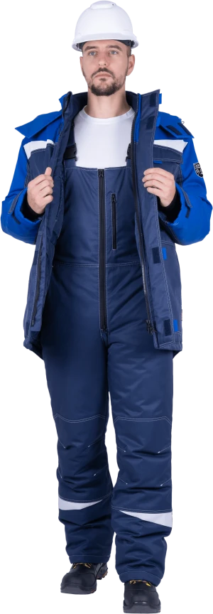 Костюм мужской КМ-10 ЛЮКС от пониженных температур воздуха и ветра, механических воздействий и ОПЗ (куртка, полукомбинезон), синий/василек Кос 211