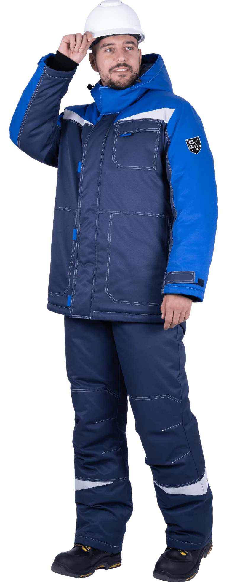 Костюм мужской КМ-10 ЛЮКС от пониженных температур воздуха и ветра, механических воздействий и ОПЗ (куртка, полукомбинезон), синий/василек Кос 211