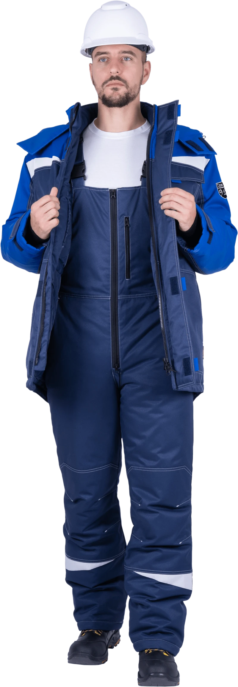 Костюм мужской КМ-10 ЛЮКС от пониженных температур воздуха и ветра, механических воздействий и ОПЗ (куртка, полукомбинезон), синий/василек Кос 211