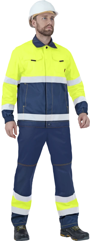 Костюм мужской БРАЙТ сигнальный, от механических воздействий и ОПЗ (куртка, полукомбинезон), флуоресцентный желтый/синий Кос 773