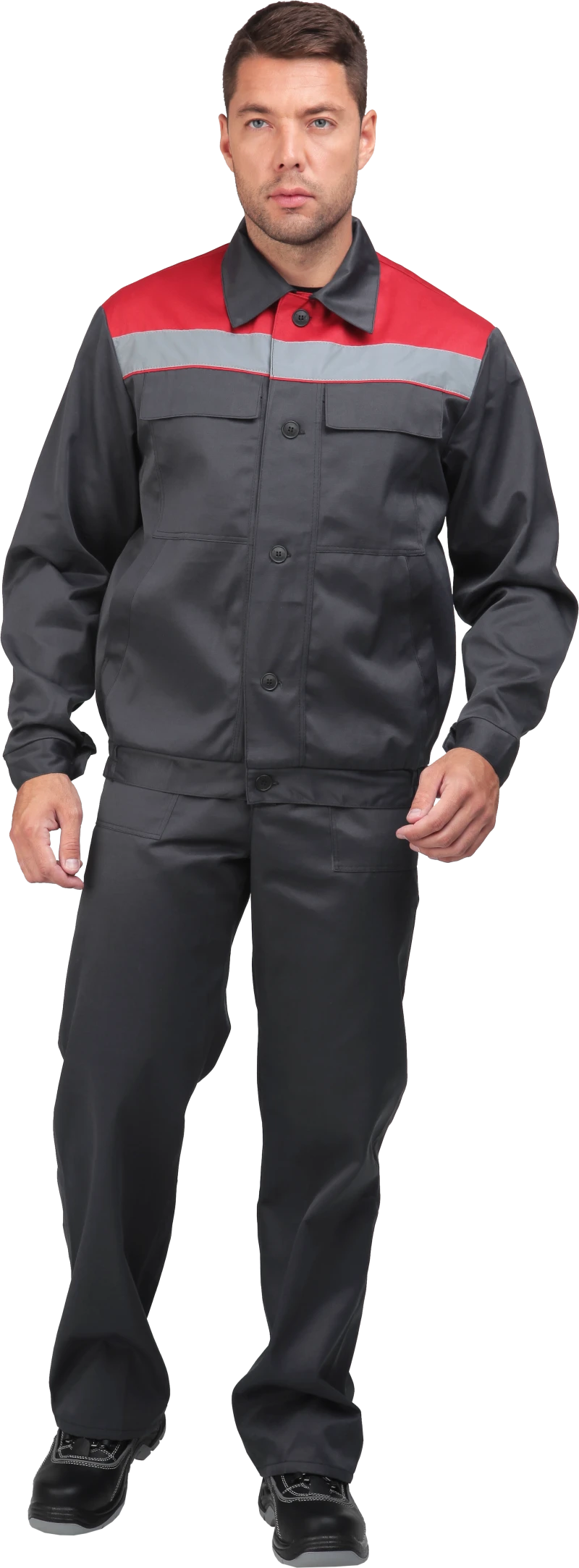 Костюм МАСТЕР ПРОФИ летний, серый-красный (Куртка+полукомбинезон) Кос 040