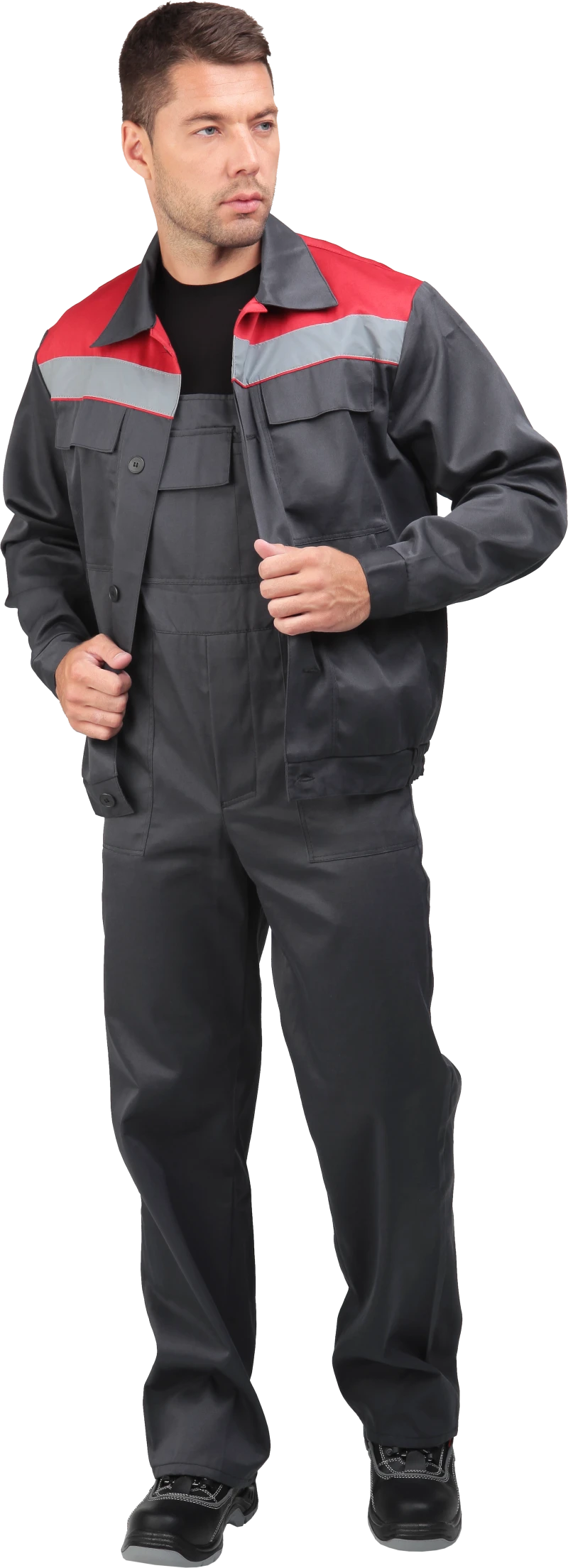 Костюм МАСТЕР ПРОФИ летний, серый-красный (Куртка+полукомбинезон) Кос 040