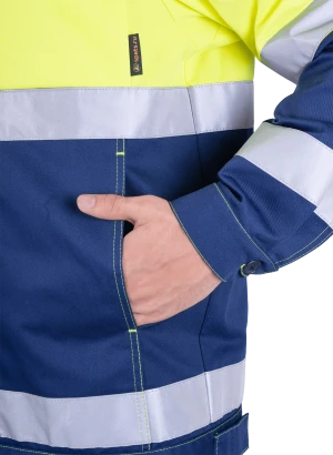 Костюм мужской РЕФЛЕКТ-1 сигнальный, от механических воздействий и ОПЗ (куртка, полукомбинезон), флуоресцентный желтый/синий Кос 751