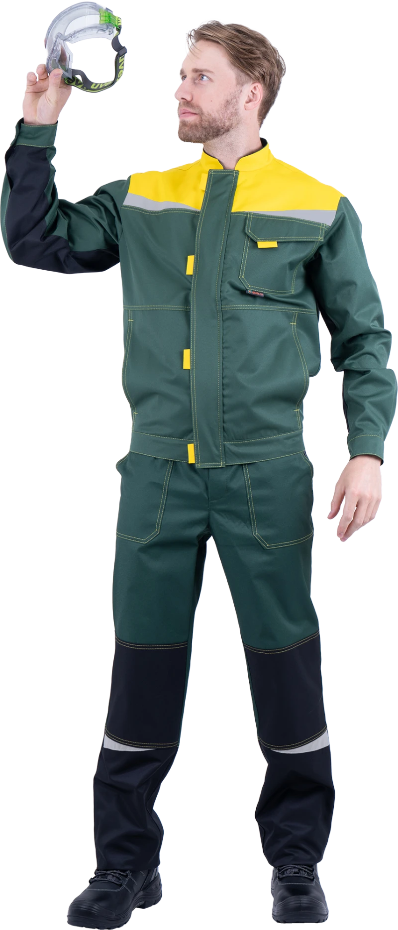 Костюм мужской КМ-10 ЛЮКС от механических воздействий и ОПЗ (куртка, полукомбинезон), зеленый/желтый Кос 051