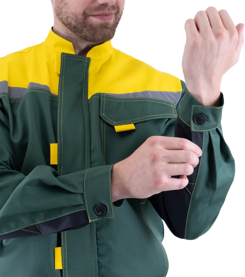 Костюм мужской КМ-10 ЛЮКС от механических воздействий и ОПЗ (куртка, полукомбинезон), зеленый/желтый Кос 051