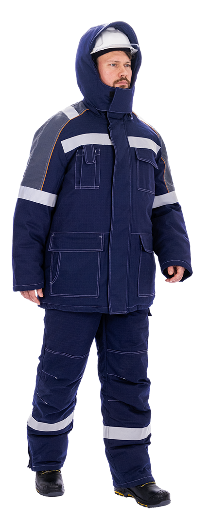 Костюм мужской МЕГАСТАТОЙЛ зимний от нефтепродуктов, кратковременного воздействия пламени, статического электричества, темно-синий/серый/оранж Кос 700