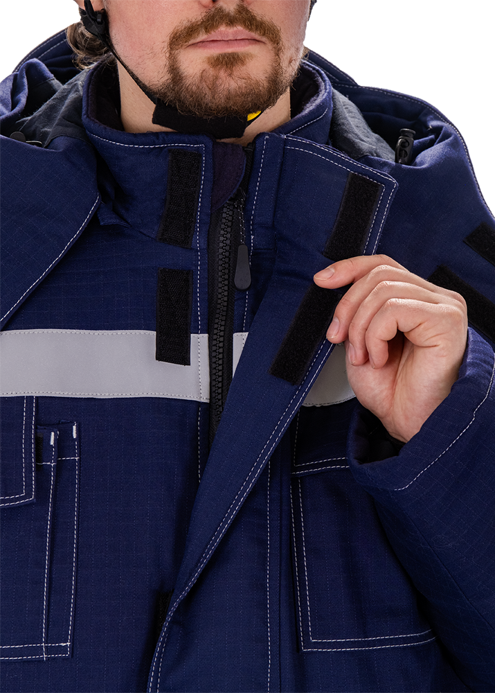 Костюм мужской МЕГАСТАТОЙЛ зимний от нефтепродуктов, кратковременного воздействия пламени, статического электричества, темно-синий/серый/оранж Кос 700