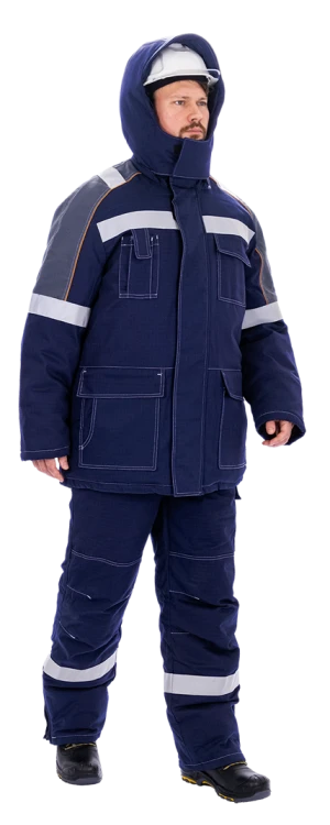 Костюм мужской МЕГАСТАТОЙЛ зимний от нефтепродуктов, кратковременного воздействия пламени, статического электричества, темно-синий/серый/оранж Кос 700