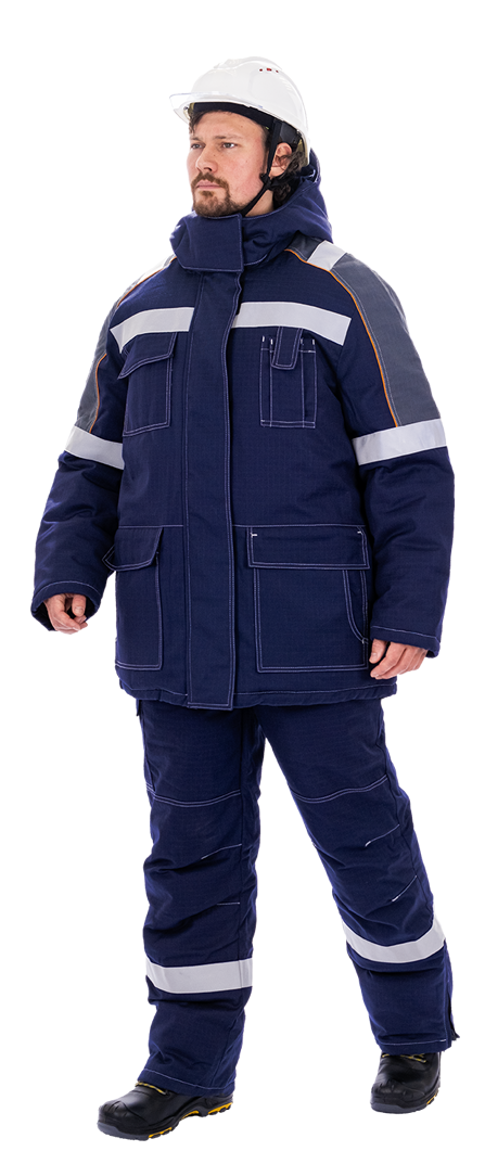 Костюм мужской МЕГАСТАТОЙЛ зимний от нефтепродуктов, кратковременного воздействия пламени, статического электричества, темно-синий/серый/оранж Кос 700