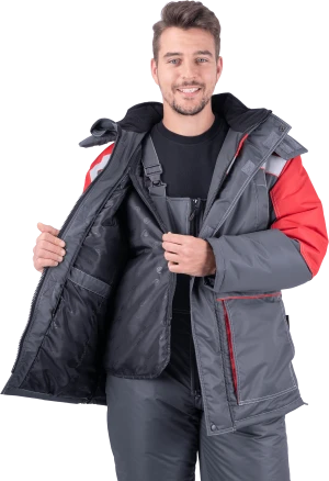 Костюм мужской ЕНИСЕЙ от пониженных температур воздуха и ветра, механических воздействий и ОПЗ (куртка, полукомбинезон), серый/красный Кос 689