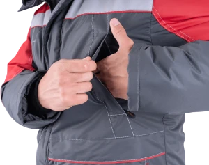 Костюм мужской ЕНИСЕЙ от пониженных температур воздуха и ветра, механических воздействий и ОПЗ (куртка, полукомбинезон), серый/красный Кос 689