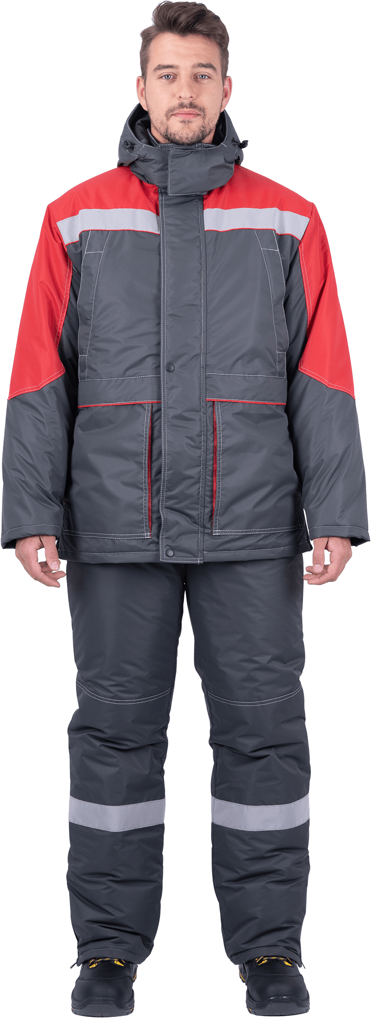 Костюм мужской ЕНИСЕЙ от пониженных температур воздуха и ветра, механических воздействий и ОПЗ (куртка, полукомбинезон), серый/красный Кос 689
