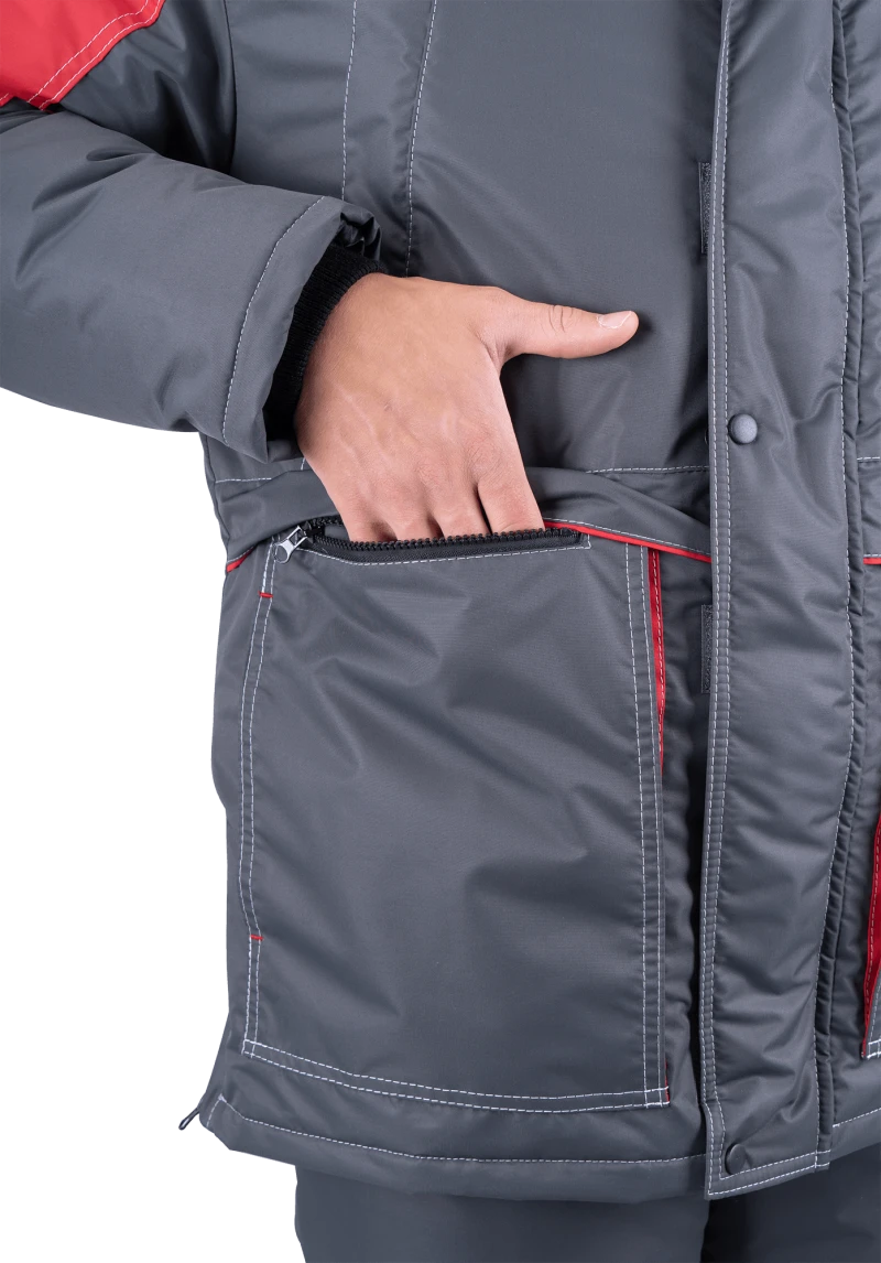 Костюм мужской ЕНИСЕЙ от пониженных температур воздуха и ветра, механических воздействий и ОПЗ (куртка, полукомбинезон), серый/красный Кос 689