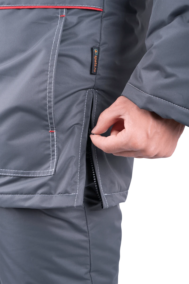 Костюм мужской ЕНИСЕЙ от пониженных температур воздуха и ветра, механических воздействий и ОПЗ (куртка, полукомбинезон), серый/красный Кос 689