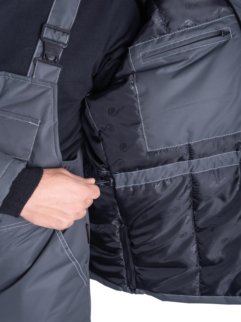 Костюм мужской ЕНИСЕЙ от пониженных температур воздуха и ветра, механических воздействий и ОПЗ (куртка, полукомбинезон), серый/красный Кос 689