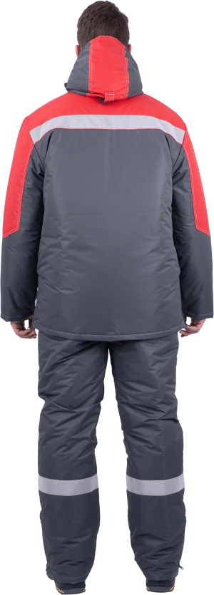 Костюм мужской ЕНИСЕЙ от пониженных температур воздуха и ветра, механических воздействий и ОПЗ (куртка, полукомбинезон), серый/красный Кос 689