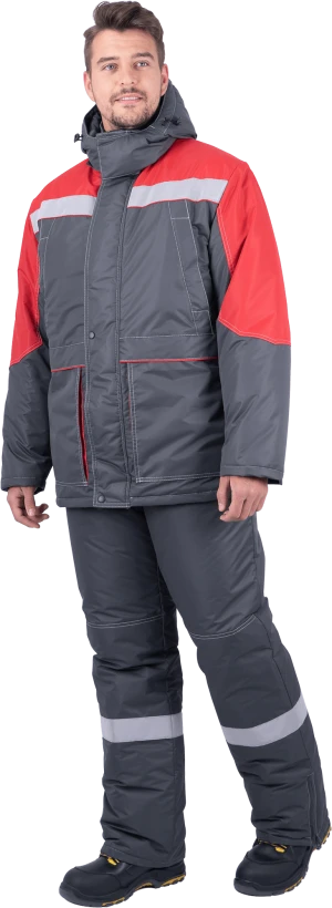 Костюм мужской ЕНИСЕЙ от пониженных температур воздуха и ветра, механических воздействий и ОПЗ (куртка, полукомбинезон), серый/красный Кос 689