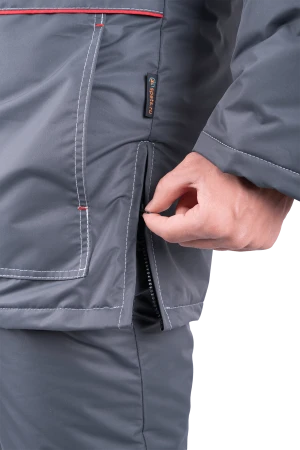 Костюм мужской ЕНИСЕЙ от пониженных температур воздуха и ветра, механических воздействий и ОПЗ (куртка, полукомбинезон), серый/красный Кос 689