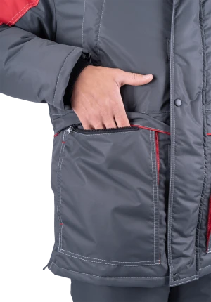 Костюм мужской ЕНИСЕЙ от пониженных температур воздуха и ветра, механических воздействий и ОПЗ (куртка, полукомбинезон), серый/красный Кос 689