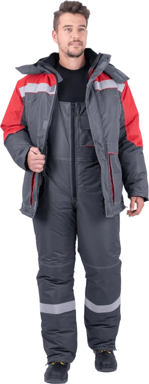 Костюм мужской ЕНИСЕЙ от пониженных температур воздуха и ветра, механических воздействий и ОПЗ (куртка, полукомбинезон), серый/красный Кос 689