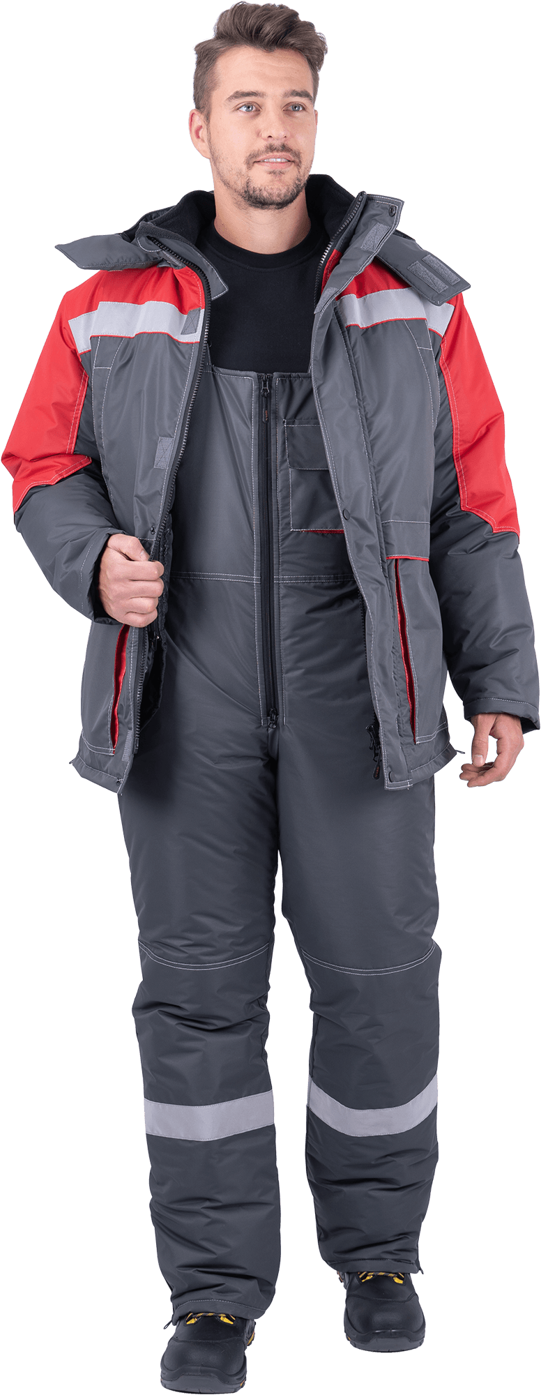 Костюм мужской ЕНИСЕЙ от пониженных температур воздуха и ветра, механических воздействий и ОПЗ (куртка, полукомбинезон), серый/красный Кос 689