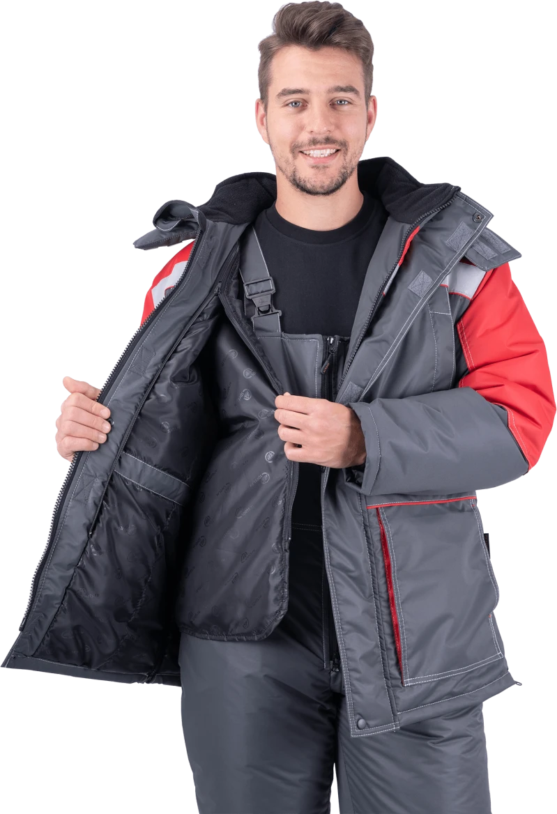 Костюм мужской ЕНИСЕЙ от пониженных температур воздуха и ветра, механических воздействий и ОПЗ (куртка, полукомбинезон), серый/красный Кос 689