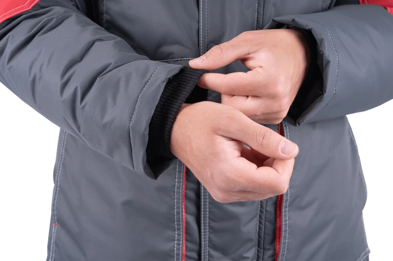 Костюм мужской ЕНИСЕЙ от пониженных температур воздуха и ветра, механических воздействий и ОПЗ (куртка, полукомбинезон), серый/красный Кос 689