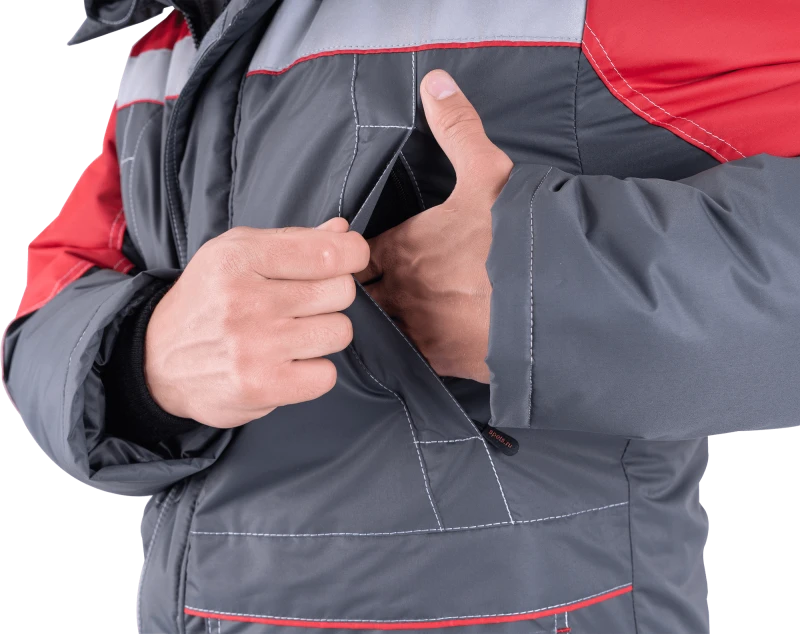 Костюм мужской ЕНИСЕЙ от пониженных температур воздуха и ветра, механических воздействий и ОПЗ (куртка, полукомбинезон), серый/красный Кос 689