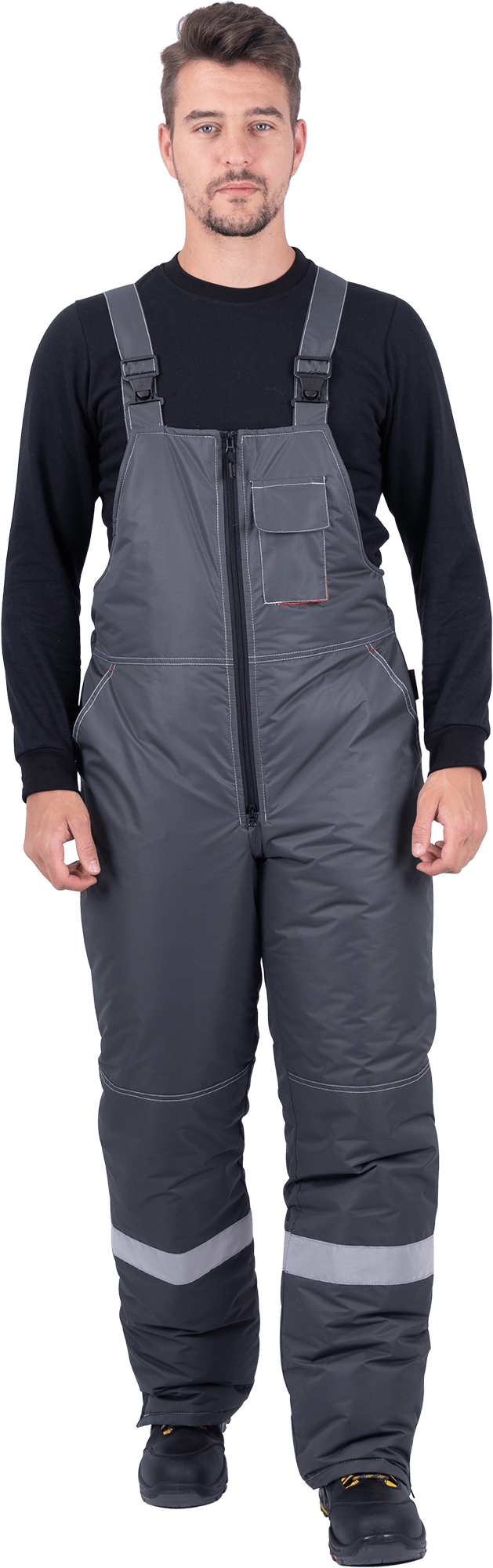 Костюм мужской ЕНИСЕЙ от пониженных температур воздуха и ветра, механических воздействий и ОПЗ (куртка, полукомбинезон), серый/красный Кос 689