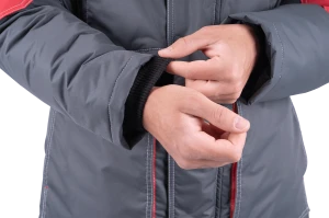 Костюм мужской ЕНИСЕЙ от пониженных температур воздуха и ветра, механических воздействий и ОПЗ (куртка, полукомбинезон), серый/красный Кос 689