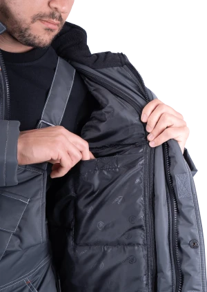 Костюм мужской ЕНИСЕЙ от пониженных температур воздуха и ветра, механических воздействий и ОПЗ (куртка, полукомбинезон), серый/красный Кос 689