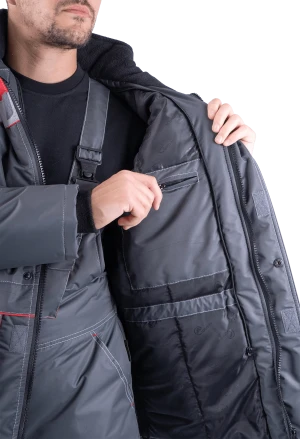 Костюм мужской ЕНИСЕЙ от пониженных температур воздуха и ветра, механических воздействий и ОПЗ (куртка, полукомбинезон), серый/красный Кос 689