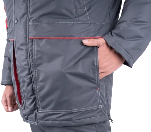 Костюм мужской ЕНИСЕЙ от пониженных температур воздуха и ветра, механических воздействий и ОПЗ (куртка, полукомбинезон), серый/красный Кос 689