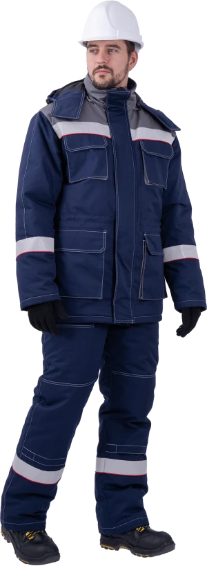 Костюм мужской НАДЫМ от пониженных температур воздуха и ветра, механических воздействий и ОПЗ (куртка, полукомбинезон), темно-синий/серый Кос 694