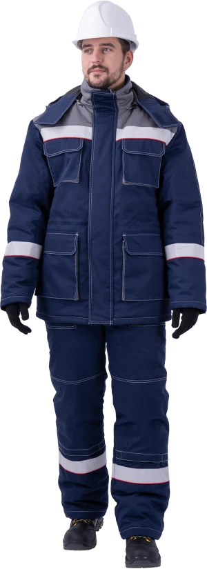 Костюм мужской НАДЫМ от пониженных температур воздуха и ветра, механических воздействий и ОПЗ (куртка, полукомбинезон), темно-синий/серый Кос 694
