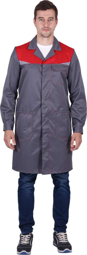 Халат мужской КМ-10 ЛЮКС от механических воздействий и ОПЗ, серый/красный