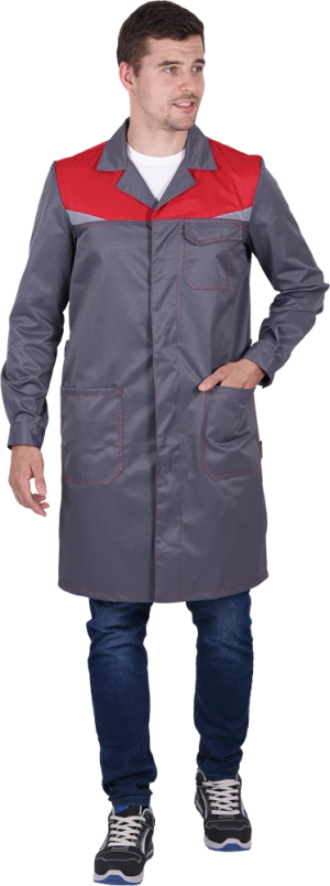 Халат мужской КМ-10 ЛЮКС от механических воздействий и ОПЗ, серый/красный