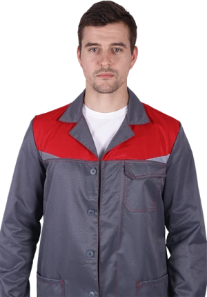 Халат мужской КМ-10 ЛЮКС от механических воздействий и ОПЗ, серый/красный