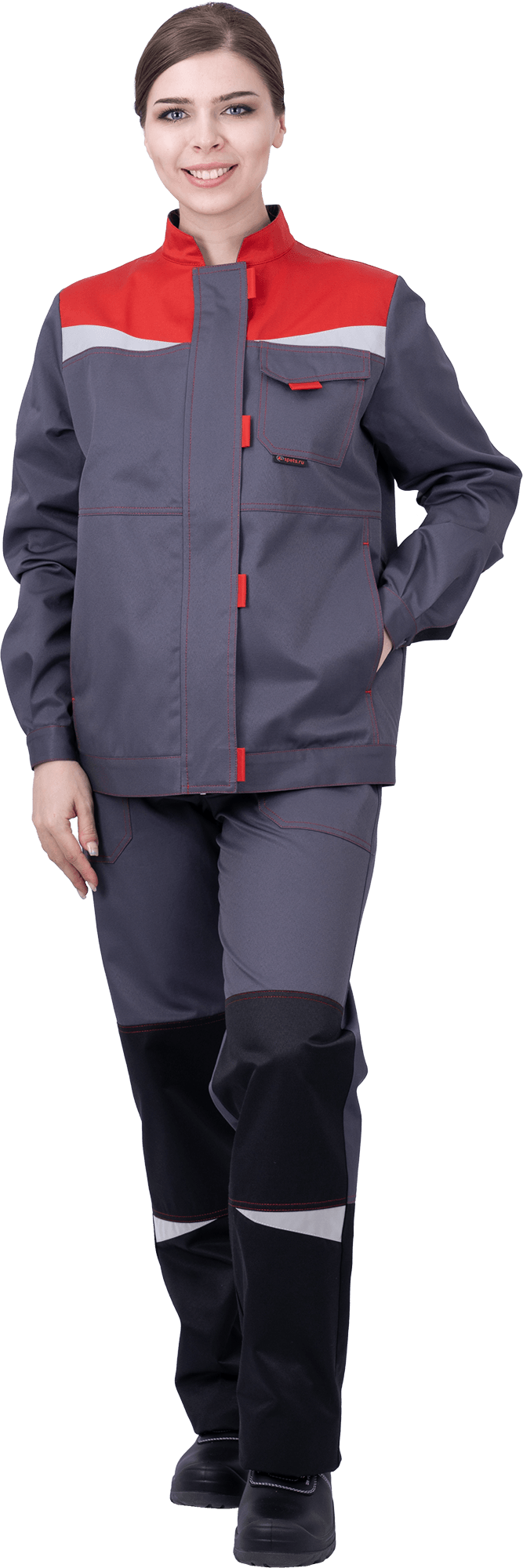Костюм женский КМ-10 ЛЮКС от механических воздействий и ОПЗ (куртка, брюки), серый/красный/черный