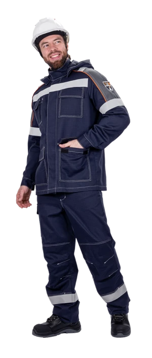 Костюм мужской МЕГАСТАТОЙЛ  для защиты от нефтепродуктов, кратковременного воздействия пламени, статического электричества, цвет темно-синий Кос 415