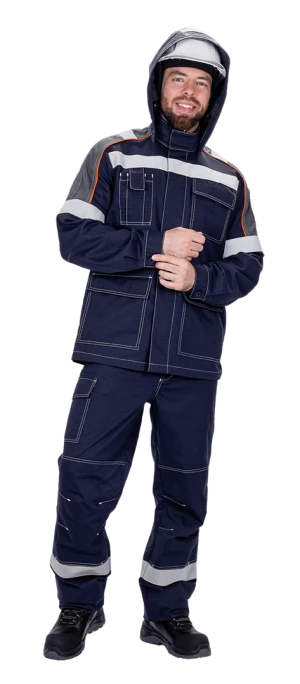 Костюм мужской МЕГАСТАТОЙЛ  для защиты от нефтепродуктов, кратковременного воздействия пламени, статического электричества, цвет темно-синий Кос 415